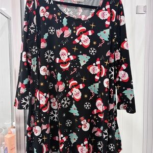 LARA Festive Black Tunic with Santa and Snowman Print